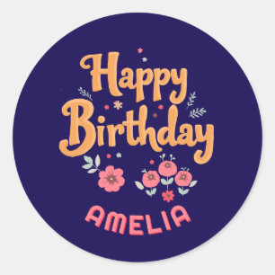 Bloemen Happy Birthday Handlettering Ronde Sticker