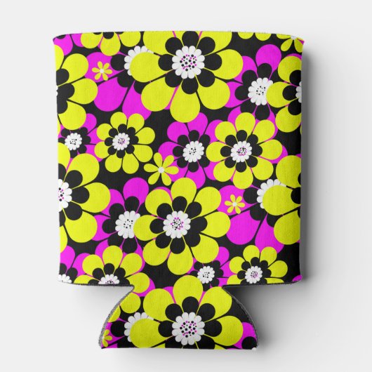 Bloemen heldere neonpatroon karmozijn en gele stro blikjeskoeler (Achterkant)