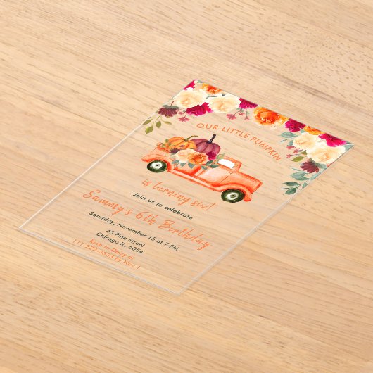 Bloemen Herfst Pompoen Truck Verjaardagsfeest Acryl Uitnodigingen (Laagn)