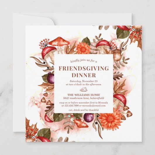 Bloemen Herfstbladeren Mushroom Thanksgiving Diner Kaart (Voorkant)