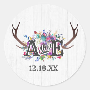 Bloemen Herten Antler Boeket Rustiek Monogram Brui Ronde Sticker
