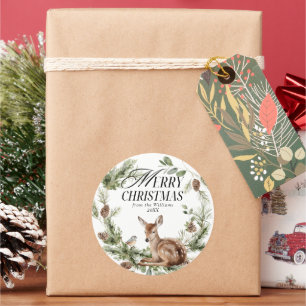 Bloemen Herten Elegant Modern Vrolijk Kerstfeest Ronde Sticker