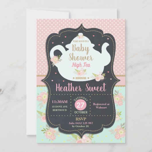 Bloemen High Tea Party Baby shower Invitation Girl Kaart (Voorkant)