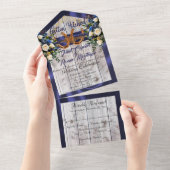 Bloemen & Hoefijzers, Blauw lint All In One Uitnodiging (Afscheurbaar)