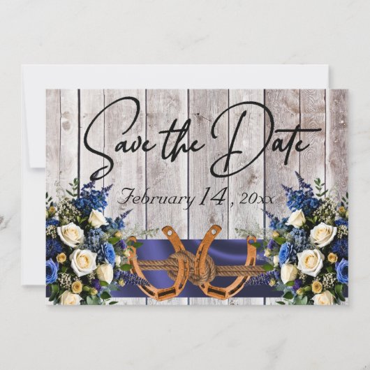 Bloemen & Hoefijzers, Blauw lint bruiloft Save The Date (Voorkant)