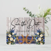 Bloemen & Hoefijzers, Blauw lint bruiloft Save The Date (Staand voorkant)
