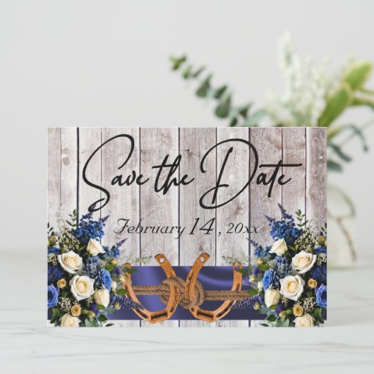 Bloemen & Hoefijzers, Blauw lint bruiloft Save The Date (Staand voorkant)