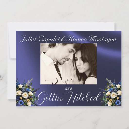 Bloemen & Hoefijzers, Blauw lint bruiloft Save The Date (Achterkant)