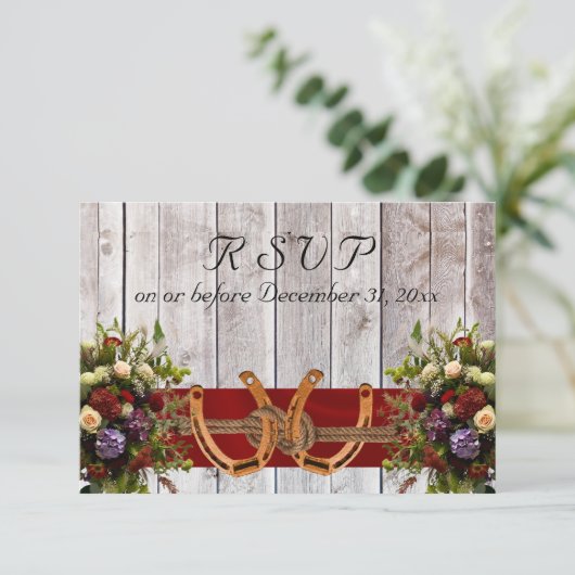 Bloemen & Hoefijzers, Rode Lint RSVP Kaartje (Staand voorkant)