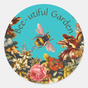 BLOEMEN, HONINGBIJ IN BLAUWE LUCHT FLORALE IMBKERI RONDE STICKER