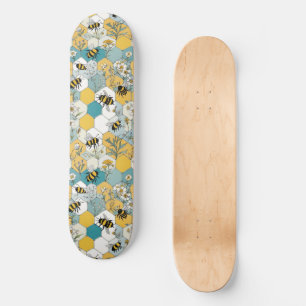 Bloemen Honingraat met Bijen Geel en Blauwgroen Skateboard