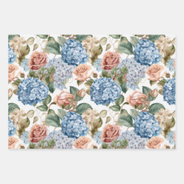 Bloemen, hortensia's,  rozen, roze rozen inpakpapier vel
