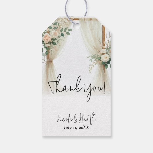 Bloemen Houten Boog Greenery Rozen Rustieke bruilo Cadeaulabel (Achterkant)