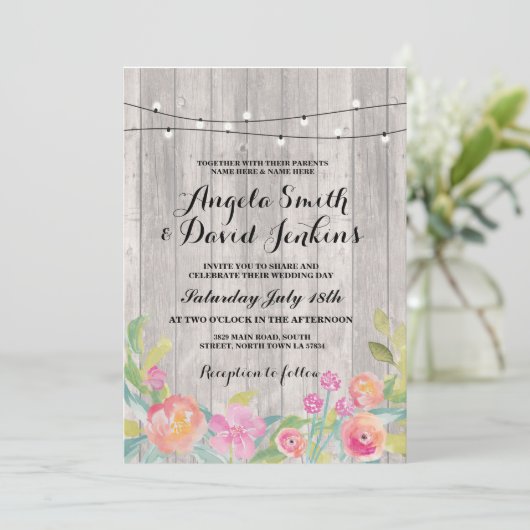 Bloemen Huwelijksuitnodiging Hout Rustieke String  Kaart (Staand voorkant)