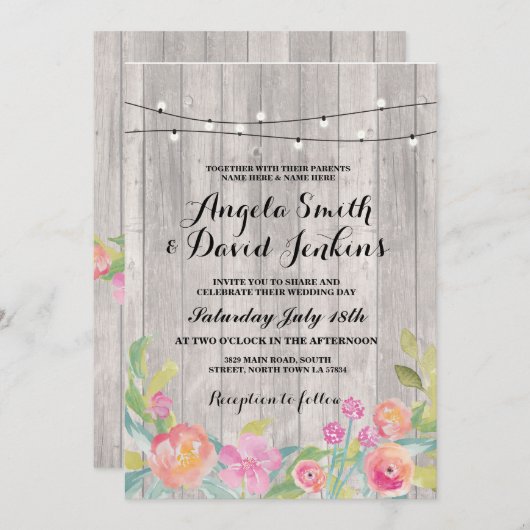 Bloemen Huwelijksuitnodiging Hout Rustieke String  Kaart (Voorkant / Achterkant)