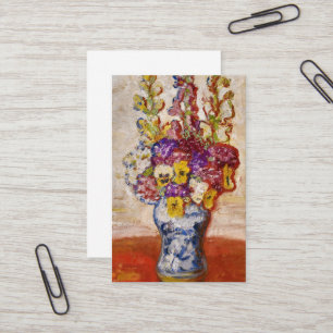 Bloemen in Blauwe en Witte Vaas op Oranje Tafel Visitekaartje