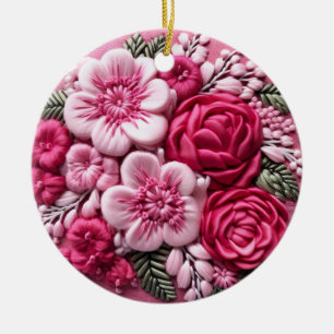 Bloemen in Bloom: Roze Borduurkunst Keramisch Ornament