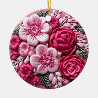 Bloemen in Bloom: Roze Borduurkunst Keramisch Ornament