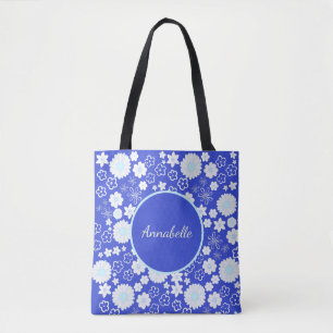 Bloemen in Blue Floral Pattern Custom Named Draagtas
