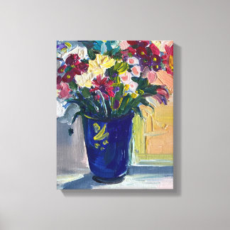 Bloemen in de blauwe vaas canvas afdruk