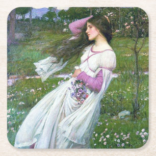 Bloemen in de wind, John William Waterhouse Vierkante Kartonnen Onderzetter