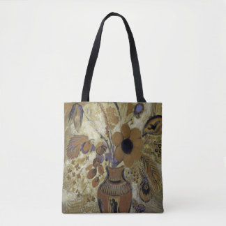 bloemen in een vaas, bruin en blauw tote bag