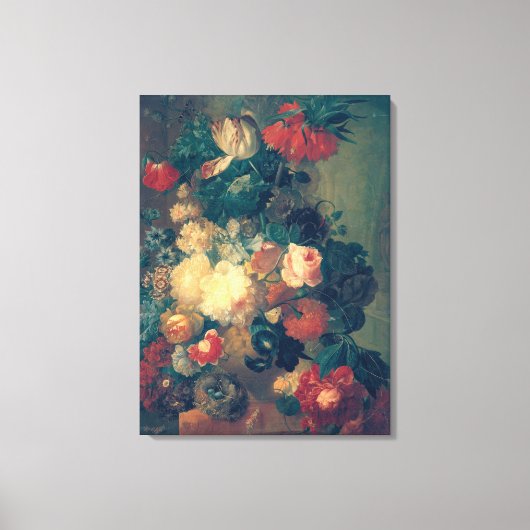 Bloemen in een Vaas met een vogelnest Canvas Afdruk (Voorkant)