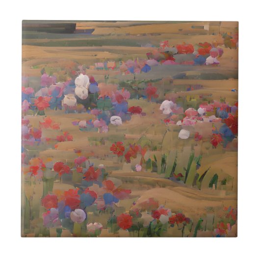 Bloemen in een veld rood wit en blauw digitaal kun tegeltje (Voorkant)