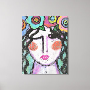 Bloemen in haar Hair Abstract portret van een vrou Canvas Afdruk