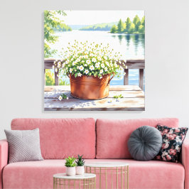 Bloemen in koperen pot op Lakehouse Deck Canvas Afdruk