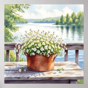 Bloemen in koperen pot op Lakehouse Deck Poster