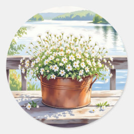 Bloemen in koperen pot op Lakehouse Deck Ronde Sticker