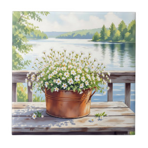 Bloemen in koperen pot op Lakehouse Deck Tegeltje
