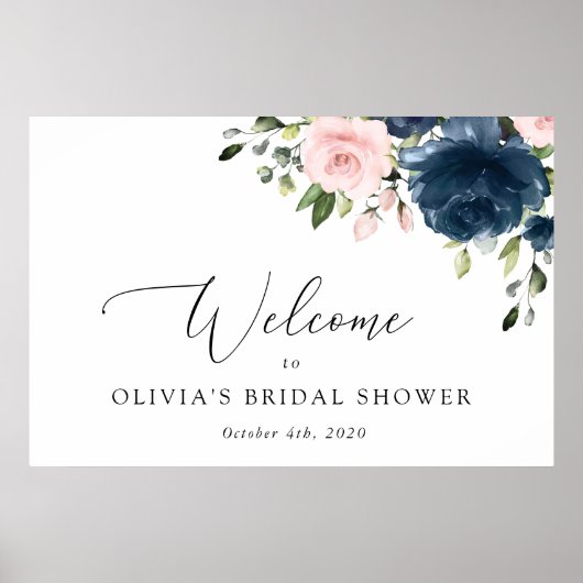 Bloemen in marineblauw, roze bloemen, welkom bij b poster (Voorkant)
