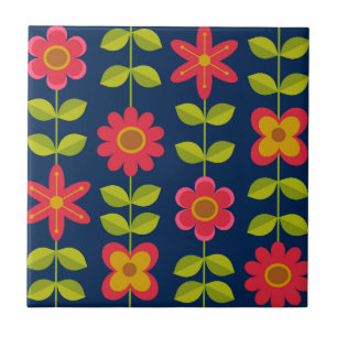 Bloemen in rode kleur met bladeren in Mid Century  Tegeltje