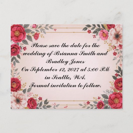 Bloemen in Roze Trouwen Save the Date Uitnodiging Briefkaart (Voorkant)