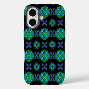 Bloemen in tekenherkenning groen en blauw iPhone 16 hoesje