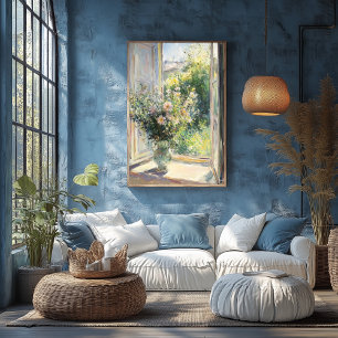 Bloemen in vaas bij door zonlicht beschenen raam – poster