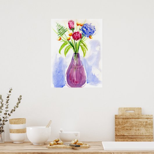 Bloemen in Vase Waterverf Canvas Print (Keuken)