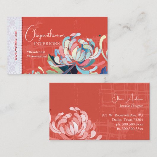 Bloemen Interieur Ontwerp Rood Custom Visitekaartje (Voorkant / Achterkant)
