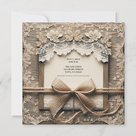 Bloemen Kant Burlap Bow Rustieke Bruiloft Kaart (Achterkant)
