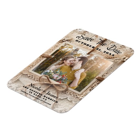 Bloemen Kant Burlap Rustic Save the Date Magneet (Linkerzijde)