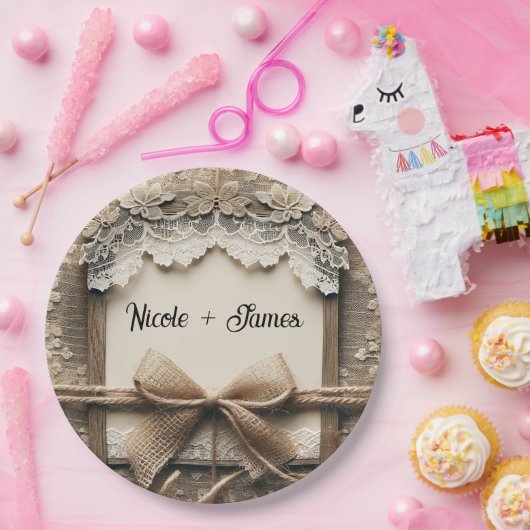 Bloemen Kant Burlap Rustieke Bruiloft Papieren Bordje (Feest)