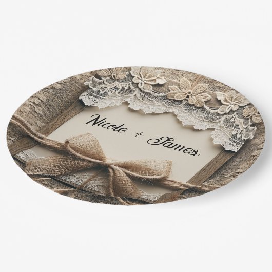 Bloemen Kant Burlap Rustieke Bruiloft Papieren Bordje (Gekanteld)