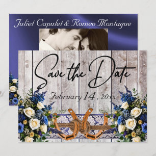 Bloemen, Kant & Hoefijzers Blauwe Lint Huwelijk Save The Date