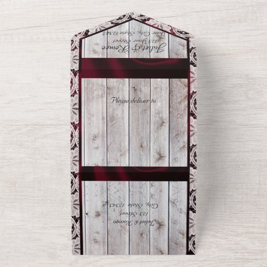 Bloemen, Kant & Hoefijzers, Bourgogne lint All In One Uitnodiging (Buitenkant)