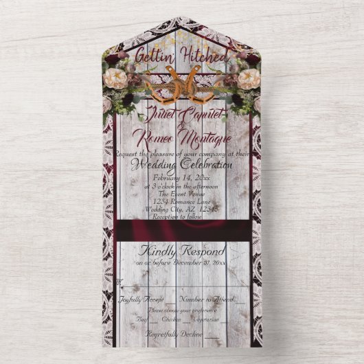 Bloemen, Kant & Hoefijzers, Bourgogne lint All In One Uitnodiging (Binnen)