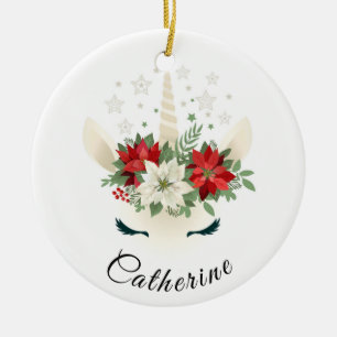 Bloemen Kerst Eenhoorn Gepersonaliseerde Feestda Keramisch Ornament