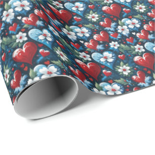 Bloemen Kerst Harten in Rood Blauw en Groen Cadeaupapier