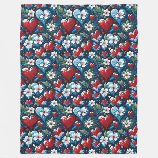 Bloemen Kerst Harten in Rood Blauw en Groen Fleece Deken (Voorkant)